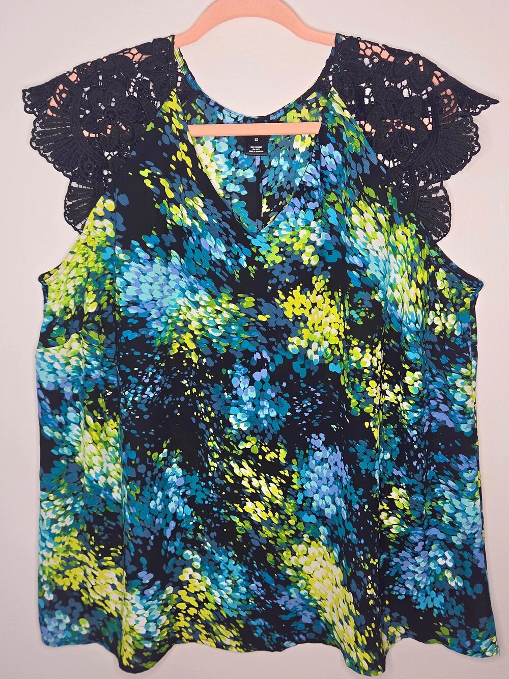 City Streets 1X chiffon top with Lace inserts